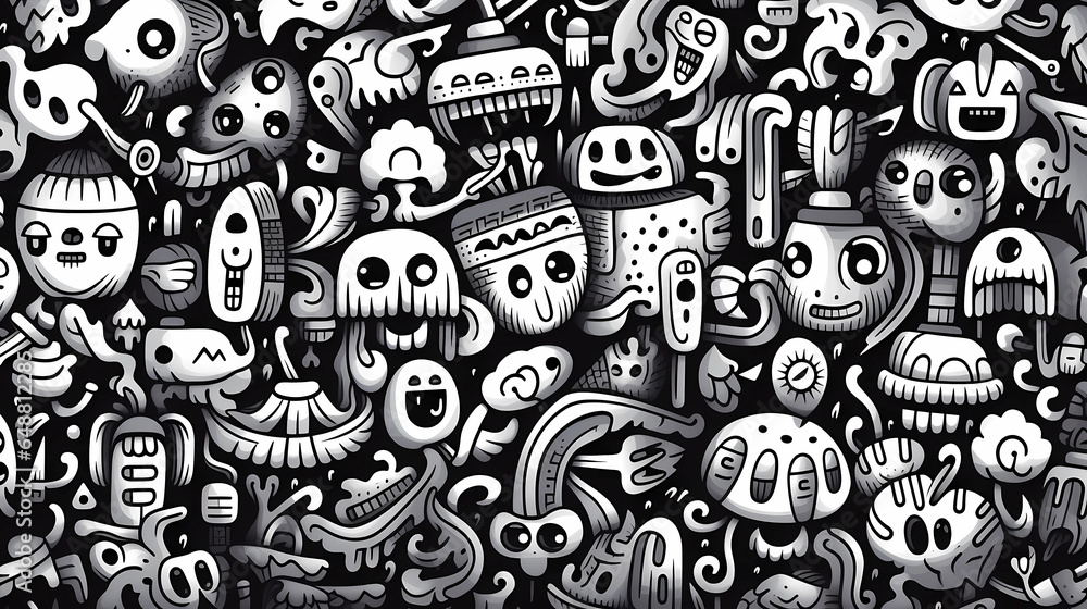 Hand drawn cartoon abstract artistic black and white graffiti pattern
