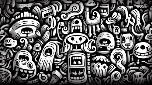 Hand drawn cartoon abstract artistic black and white graffiti pattern 