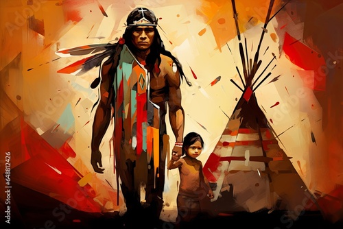 native american indian with child abstract art, Generative AI 
