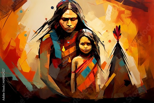 native american indian with child abstract art, Generative AI 