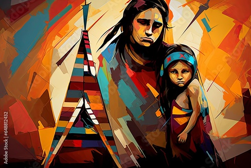 native american indian with child abstract art, Generative AI 