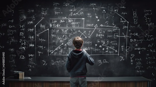 School children write math formulas on the blackboard. Asian primary school students are solving geometric problems on the blackboard