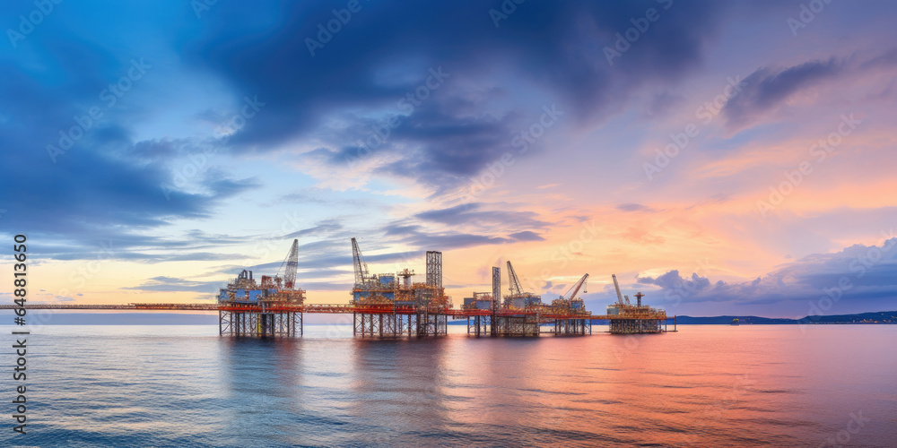 Panorama view of offshore oil and Gas processing platform in sunset time, Concept of exploration and petroleum production industry in the sea. Panorama view of offshore oil and Gas processing platform in sunset time, Concept of exploration and petroleum production industry in the sea.