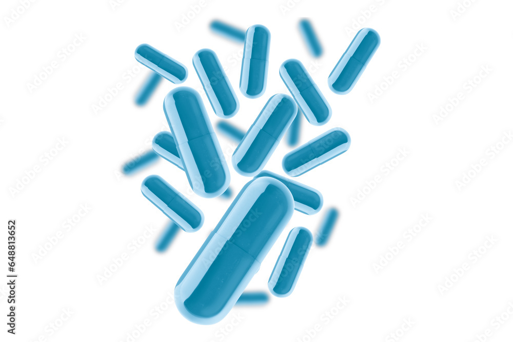 Blue capsules fly in a chaotic manner in the air. Lots of pills. on isolated transparent background Blue capsules fly in a chaotic manner in the air. Lots of pills. on isolated transparent background