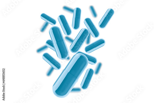 Blue capsules fly in a chaotic manner in the air. Lots of pills. on isolated transparent background