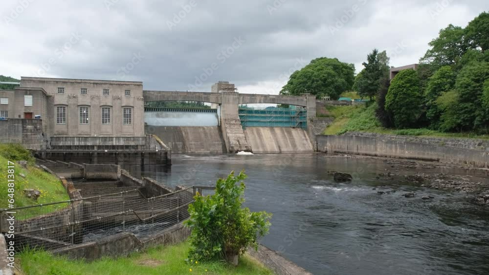 Pitlochry Dam, hydro electric power station and fish ladder Pitlochry Dam, hydro electric power station and fish ladder