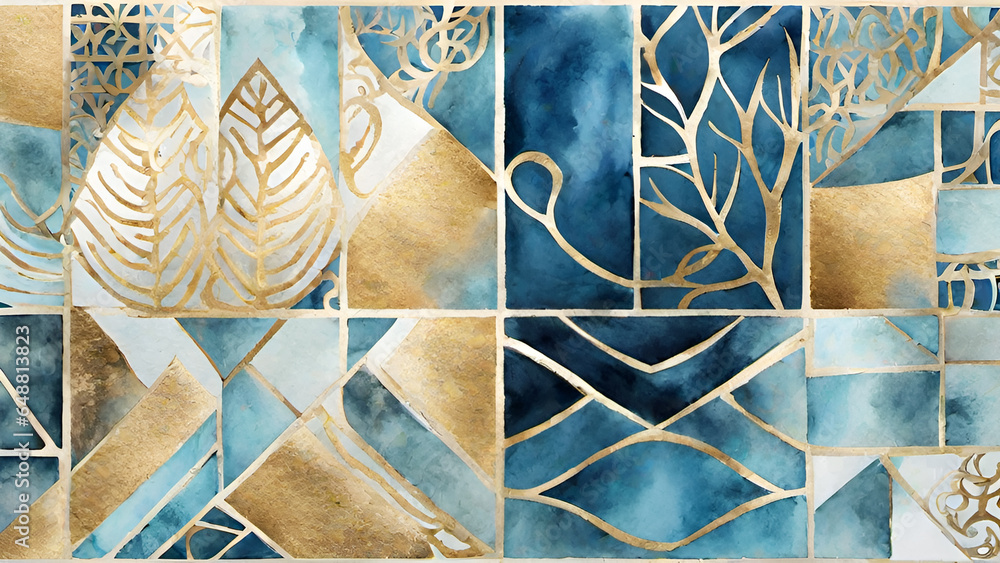 Abstract watercolor paint background by gradient deep blue color with liquid fluid grunge texture for background, banner gold