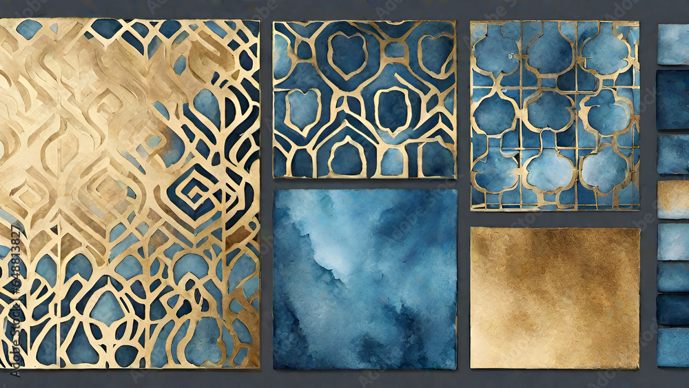 Abstract watercolor paint background by gradient deep blue color with liquid fluid grunge texture for background, banner gold