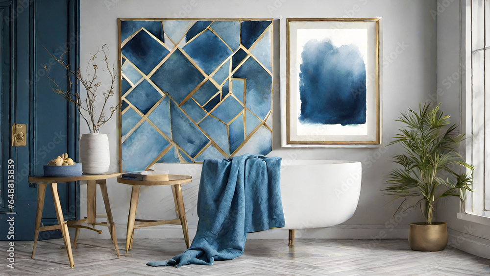Abstract watercolor paint background by gradient deep blue color with liquid fluid grunge texture for background, banner gold