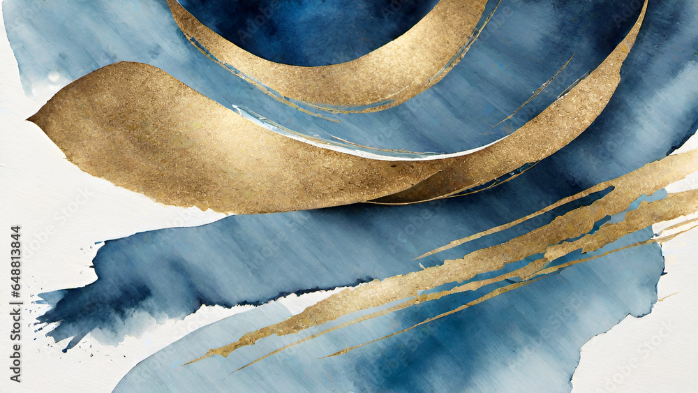 Abstract watercolor paint background by gradient deep blue color with liquid fluid grunge texture for background, banner gold