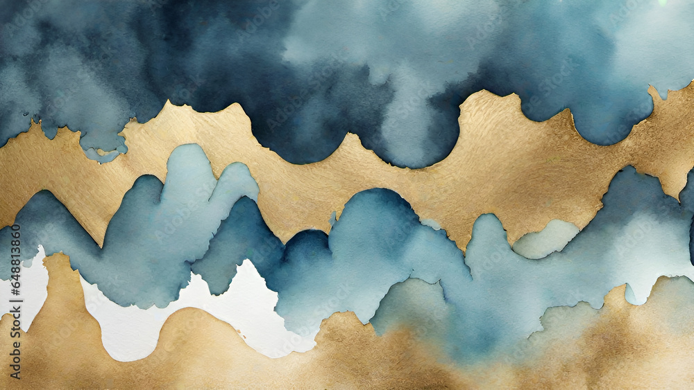 Abstract watercolor paint background by gradient deep blue color with liquid fluid grunge texture for background, banner gold