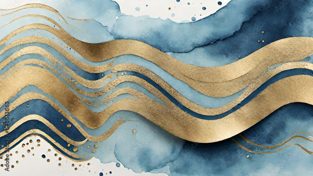 Abstract watercolor paint background by gradient deep blue color with liquid fluid grunge texture for background, banner gold