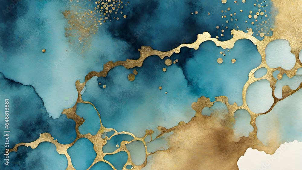 Abstract watercolor paint background by gradient deep blue color with liquid fluid grunge texture for background, banner gold