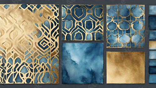 Obraz na płótnie Abstract watercolor paint background by gradient deep blue color with liquid fluid grunge texture for background, banner gold w salonie