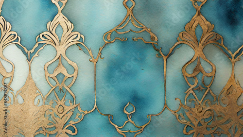 Obraz na płótnie Abstract watercolor paint background by gradient deep blue color with liquid fluid grunge texture for background, banner gold w salonie