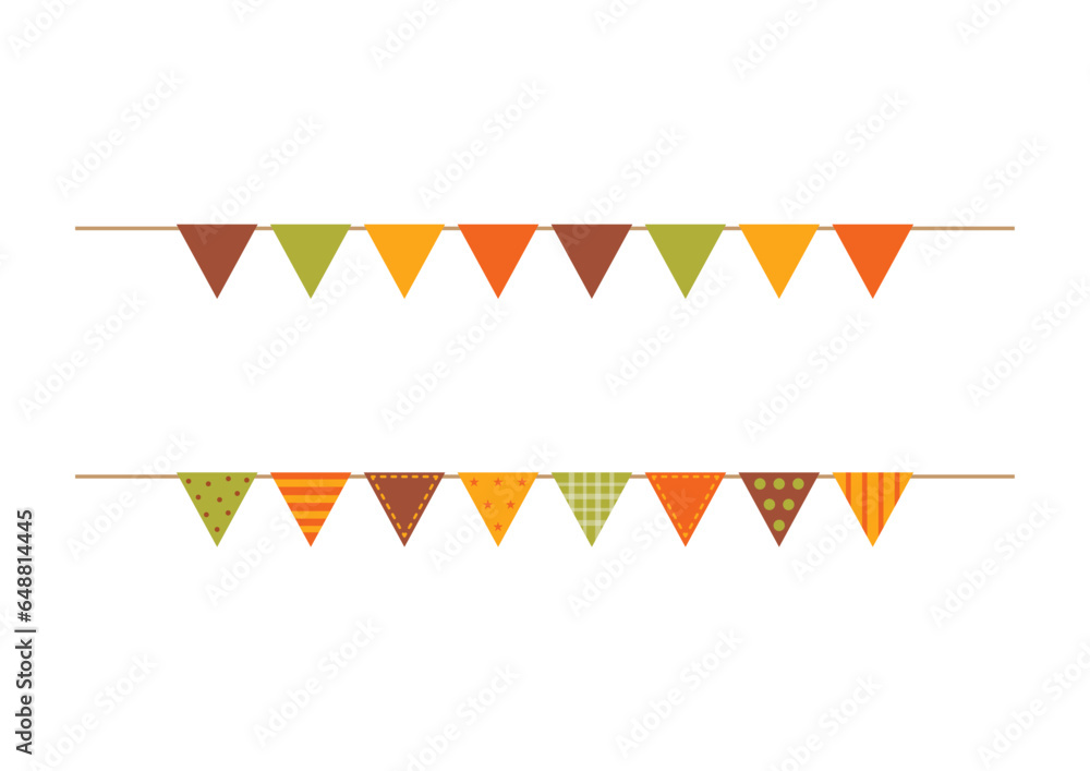 Autumn colors triangle party flag garland on white background.
