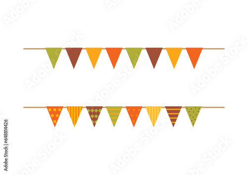 Autumn colors triangle party flag garland on white background.