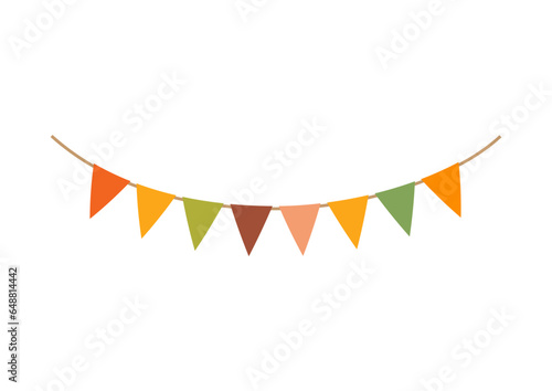 Autumn colors triangle party flag garland on white background.