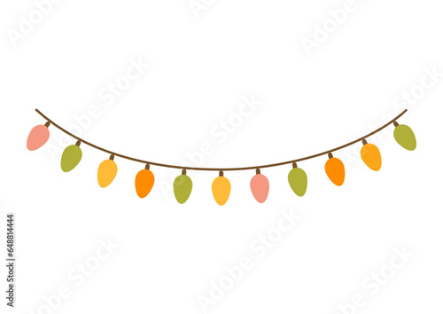 Autumn colors string light bulb garland on white background.