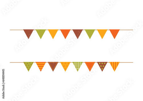 Autumn colors triangle party flag garland on white background.