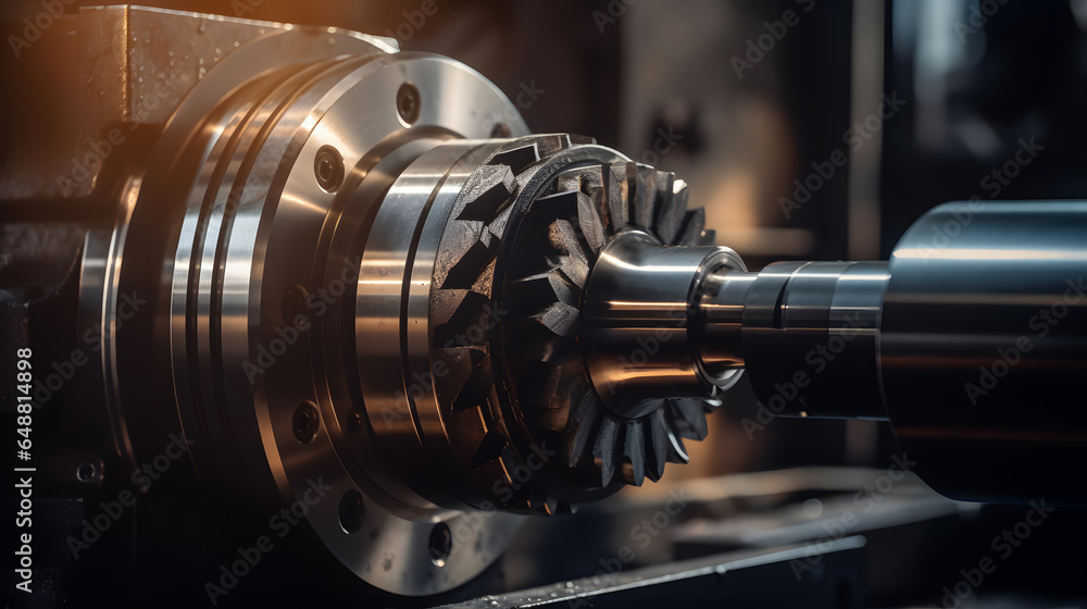 CNC turning drill milling factory processes steel turbine part process. Metal machine tools industry banner. Generation AI CNC turning drill milling factory processes steel turbine part process. Metal machine tools industry banner. Generation AI