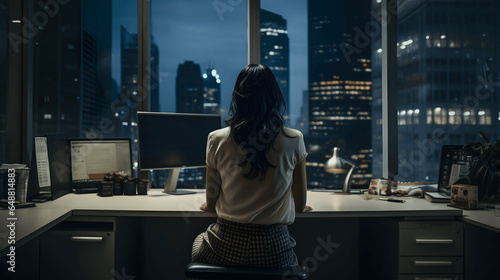 Back side of a hopeless woman sitting in an office area. Sad businesswoman.