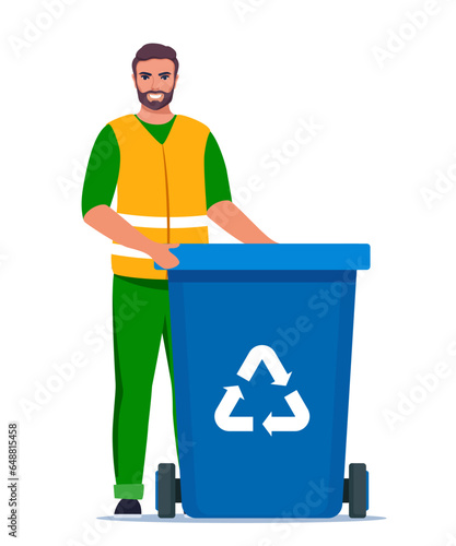 Garbage man in uniform with blue trash bin and recycling symbol on it. Garbage sorting. Zero waste, environment protection concept. Vector illustration.