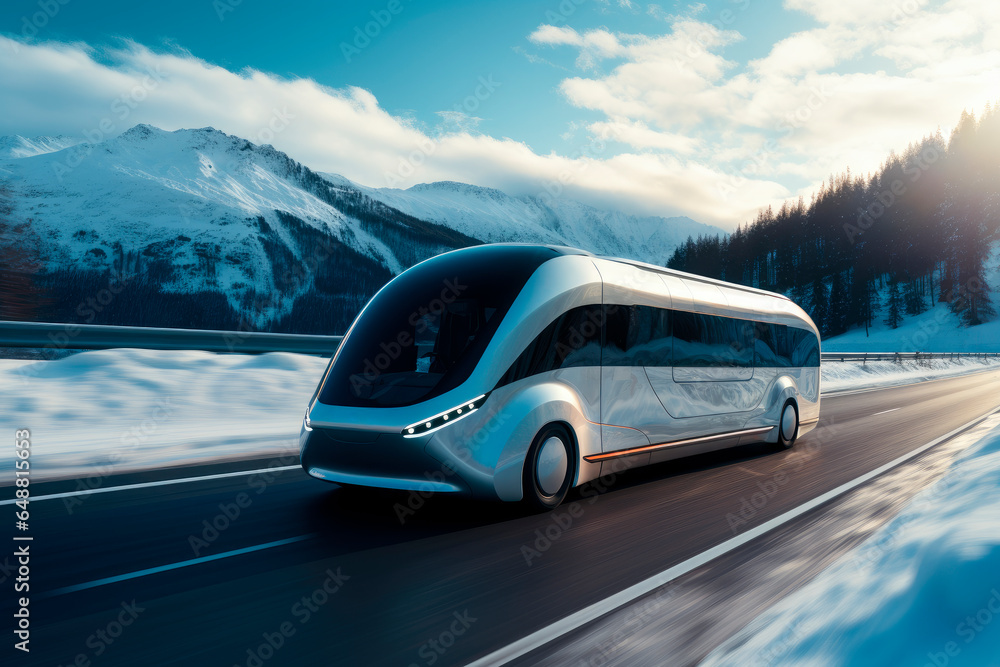Futuristic electric autonomous bus driving on an open highway with beautiful nature background