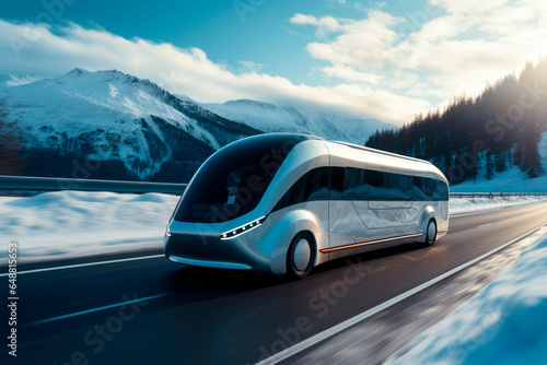 Futuristic electric autonomous bus driving on an open highway with beautiful nature background © graja