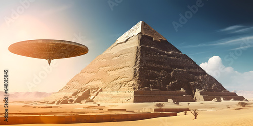 Egyptian pyramids with flying UFO alien spacecraft. Generation AI