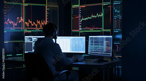 Market Charts , Banner crypto currency trader, Financial stock exchange working on computer screen, , neon color. Generation AI.