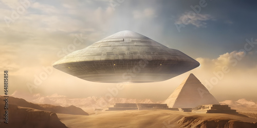 Egyptian pyramids with flying UFO alien spacecraft. Generation AI