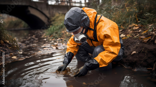 Concept portable water quality measurement. Technician man in full body protective suit collecting sample of river