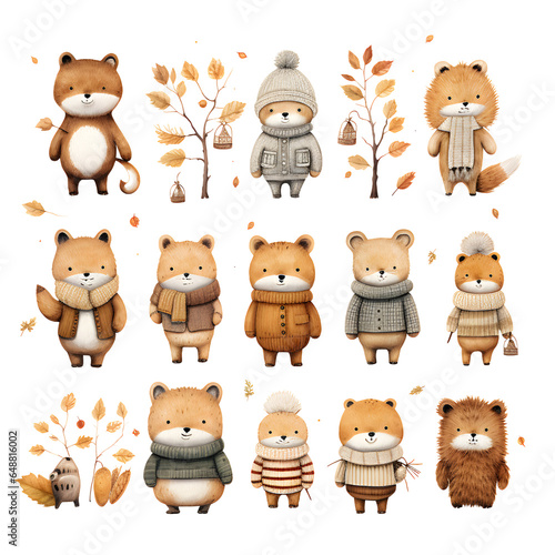 Cute cartoon bear collection with autumn leaves. Vector illustration on white background. photo