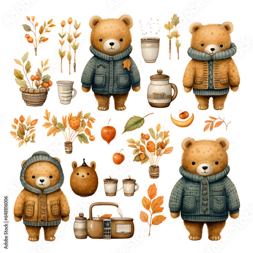 Cute cartoon bear collection with autumn leaves. Vector illustration on white background. photo
