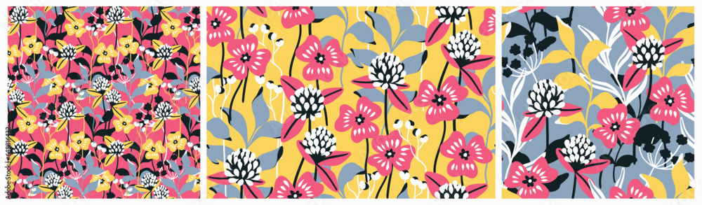 Seamless floral pattern, bright botanical print with wild plants in the collection. Colorful summer design with graphic botany: hand drawn flowers, leaves, branches, different backgrounds. Vector. Seamless floral pattern, bright botanical print with wild plants in the collection. Colorful summer design with graphic botany: hand drawn flowers, leaves, branches, different backgrounds. Vector.