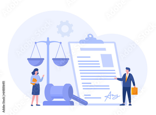 Law and justice scenes. lawyer consulting client, judge knocking with wooden hammer. Legal advice concept and consultation. Judgment. Flat vector illustration for banner and website
