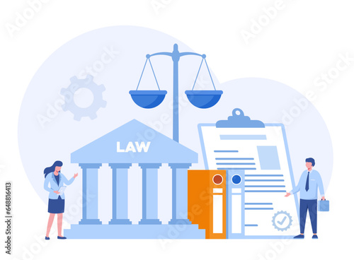 Law and justice scenes. lawyer consulting client, judge knocking with wooden hammer. Legal advice concept and consultation. Judgment. Flat vector illustration for banner and website