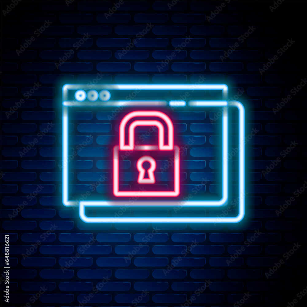 Glowing neon line Secure your site with HTTPS, SSL icon isolated on brick wall background. Internet communication protocol. Colorful outline concept. Vector Glowing neon line Secure your site with HTTPS, SSL icon isolated on brick wall background. Internet communication protocol. Colorful outline concept. Vector