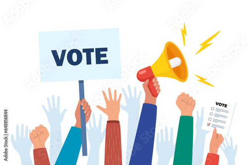 Go vote demonstration. Isolated up hands holding together. Election campaign. Hands holding vote signs, crowd of people. Vector illustration.