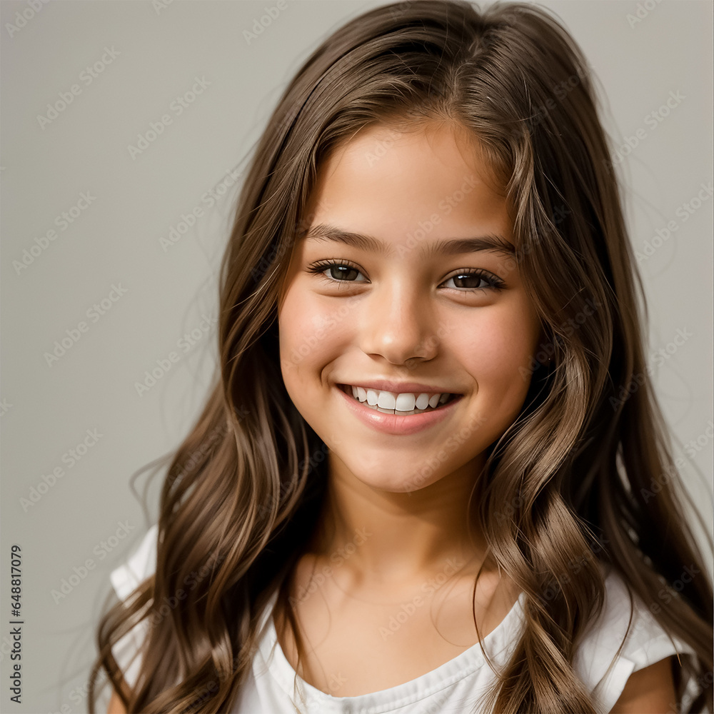 a closeup photo portrait of a cute beautiful young girl kid smiling with clean teeth. used for a dental ad. teen with fresh stylish long hair. isolated on white background. Generative AI a closeup photo portrait of a cute beautiful young girl kid smiling with clean teeth. used for a dental ad. teen with fresh stylish long hair. isolated on white background. Generative AI