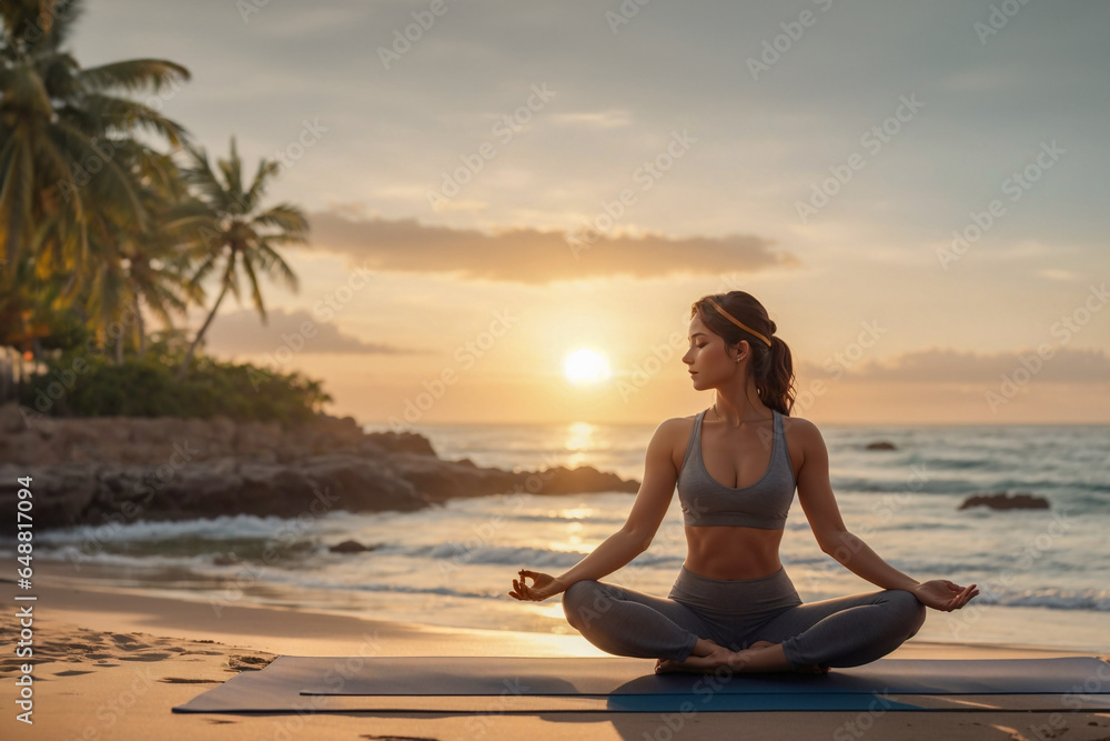Woman meditating and practicing yoga by the seaWoman meditating and practicing yoga by the lake, generative ai