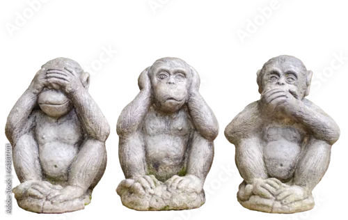 Obraz Trzy małe figurki małp z koncepcją Zamknij oczy, zamknij uszy, zamknij usta. na przezroczystym tle