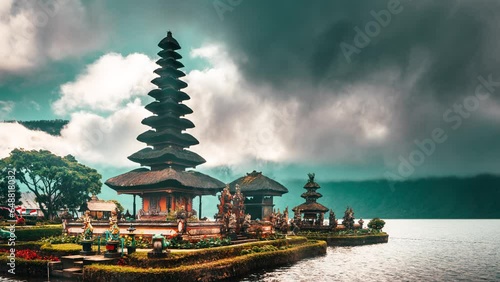 Ulun Danu Beratan Temple in Bali - Bali's Iconic Lake Temple, is both a famous picturesque landmark and a significant temple complex on the western side of Beratan Lake. Bali, Indonesia 4K Time lapse photo