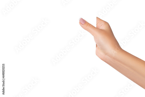 A woman's hand holds a transparent sheet. on isolated transparent background