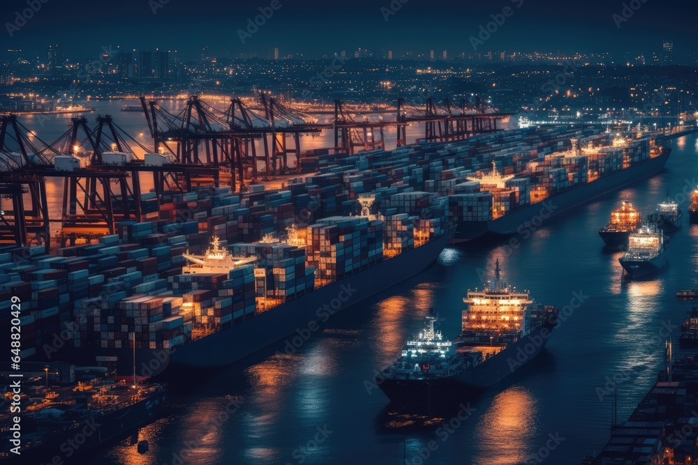 Aerial view of international containers cargo ship at industrial import-export port business logistics at night, AI generated Aerial view of international containers cargo ship at industrial import-export port business logistics at night, AI generated