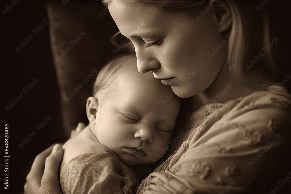 Mother hugging her newborn baby , loving, joyful, black and white style, AI generated Mother hugging her newborn baby , loving, joyful, black and white style, AI generated