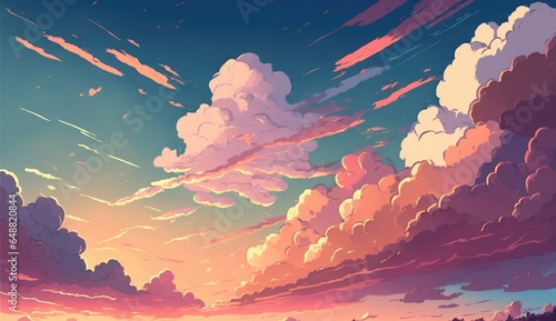 Pastel sunset sky and clouds drawing background, cartoon manga style, AI generated