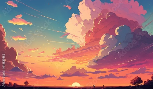 Pastel sunset sky and clouds drawing background, cartoon manga style, AI generated
