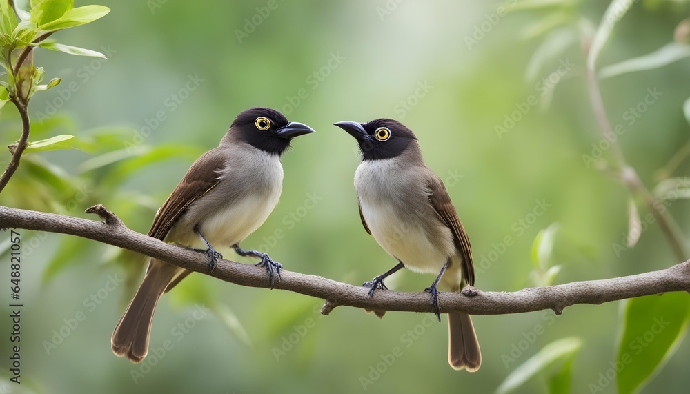 Cute birds black and White spectacled Bulbuls. Nature background. 